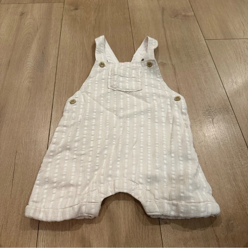 H&M Linen-blend Bib Overalls Cream Ivory striped 4/6m